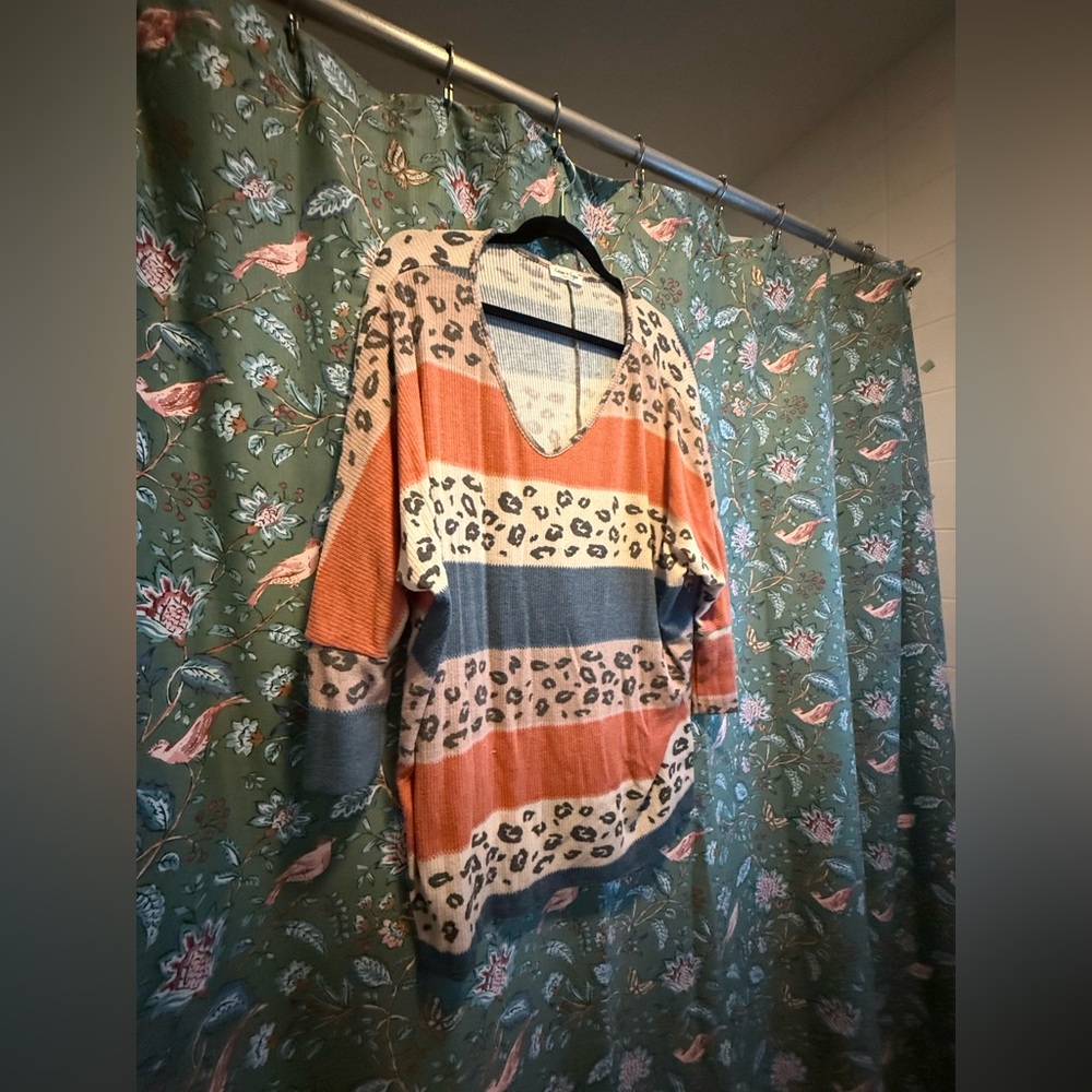 Cream n Sugar Striped and Leopard Print Sweater